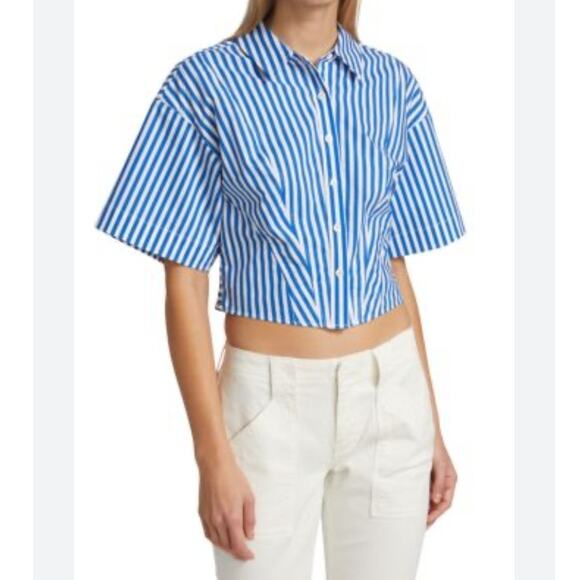 Frame Organic Cotton Striped Cropped Button Front Short Sleeved Shirt, XS - Picture 3 of 9